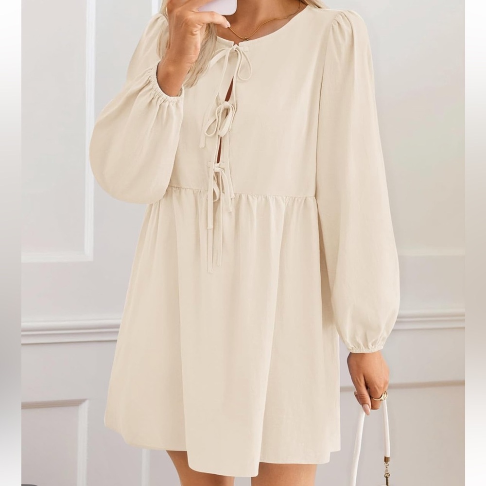 Long Puff Sleeve Self Tie Front Babydoll A Line Pleated Cute Mini Tunic Dresses
